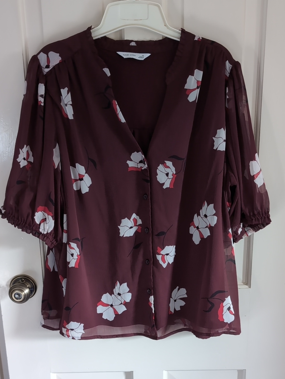 Nine West Burgundy Floral Button-Front Blouse